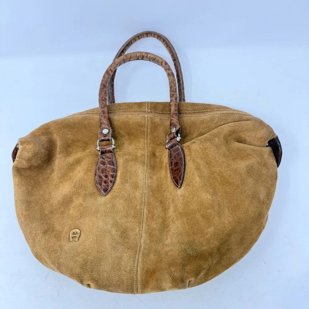 Etienne Aigner Satchel Bag Tan Suede Small Vintage Boho Handbag